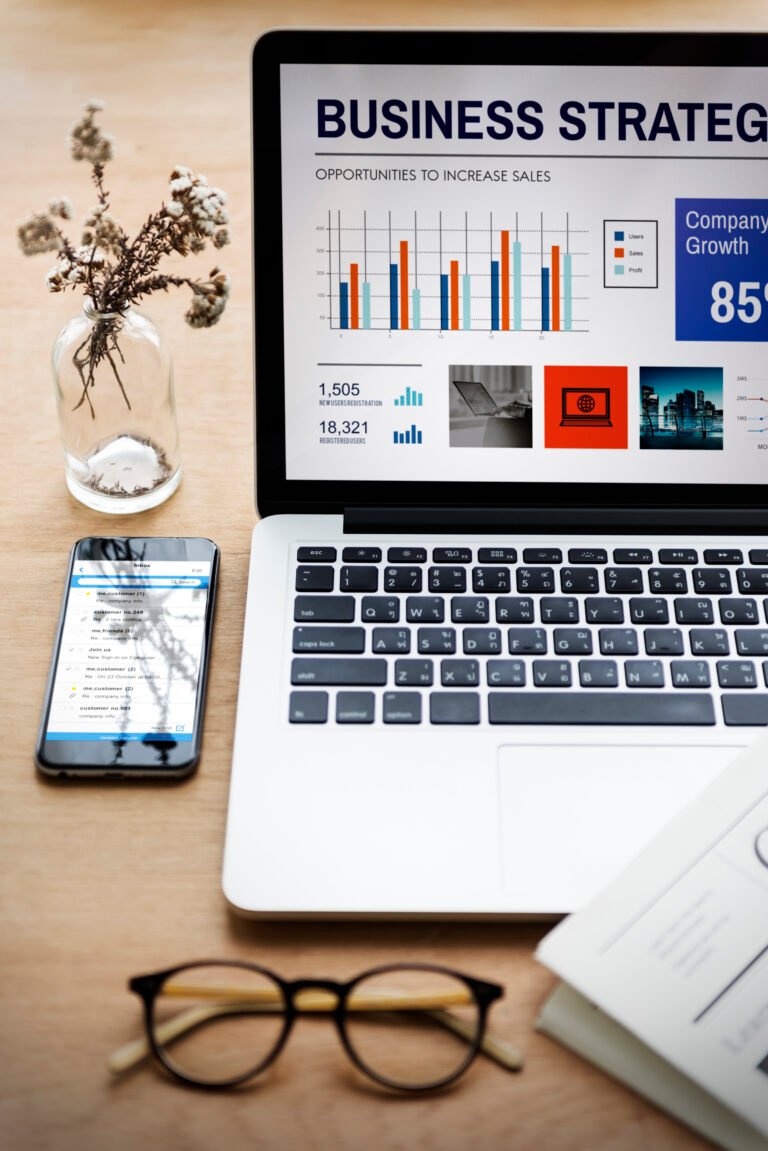 laptop office wooden table workplace technology concept